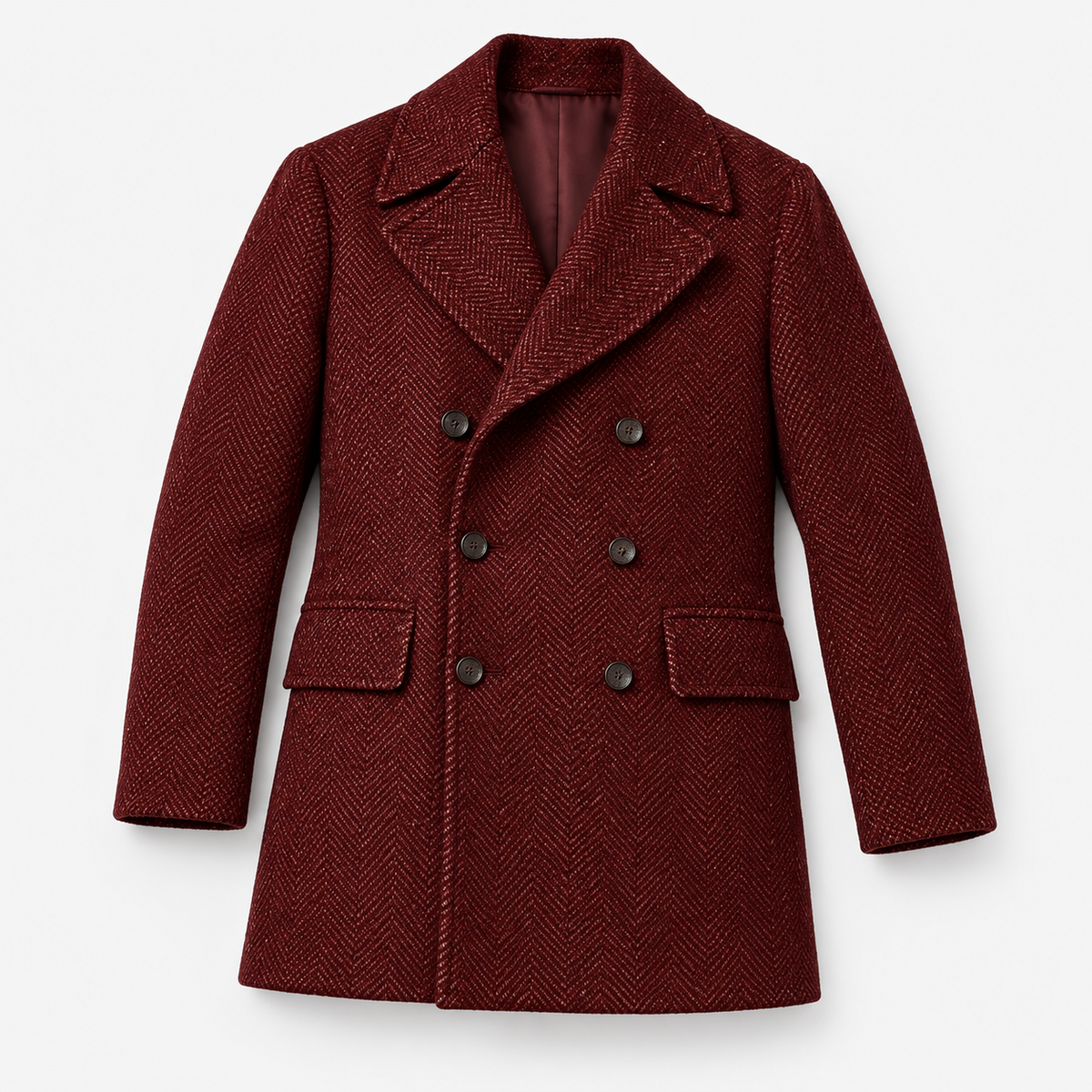 Herringbone double breasted coat with wide lapels in burgundy — product only