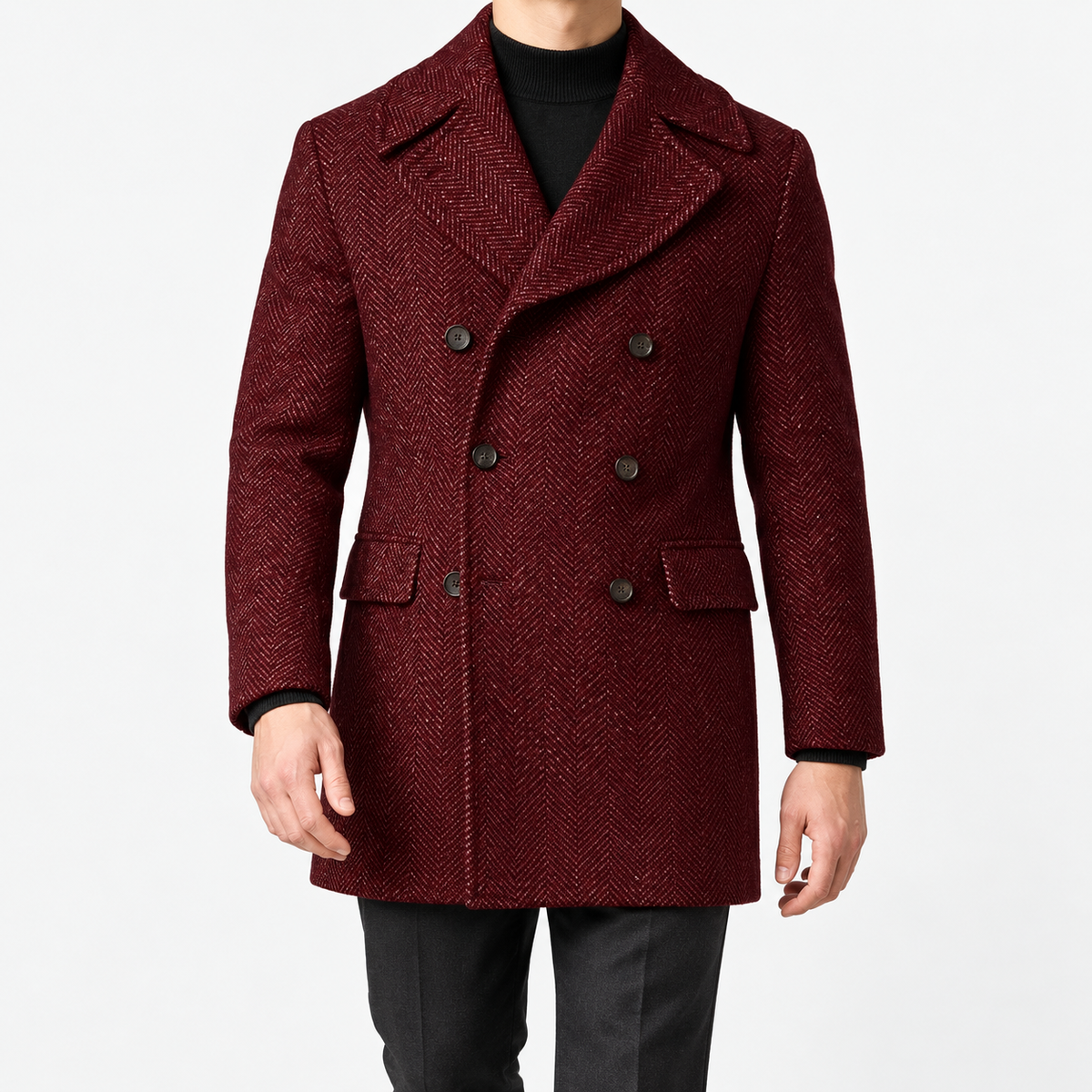 Herringbone double breasted coat with wide lapels in burgundy — male model front view
