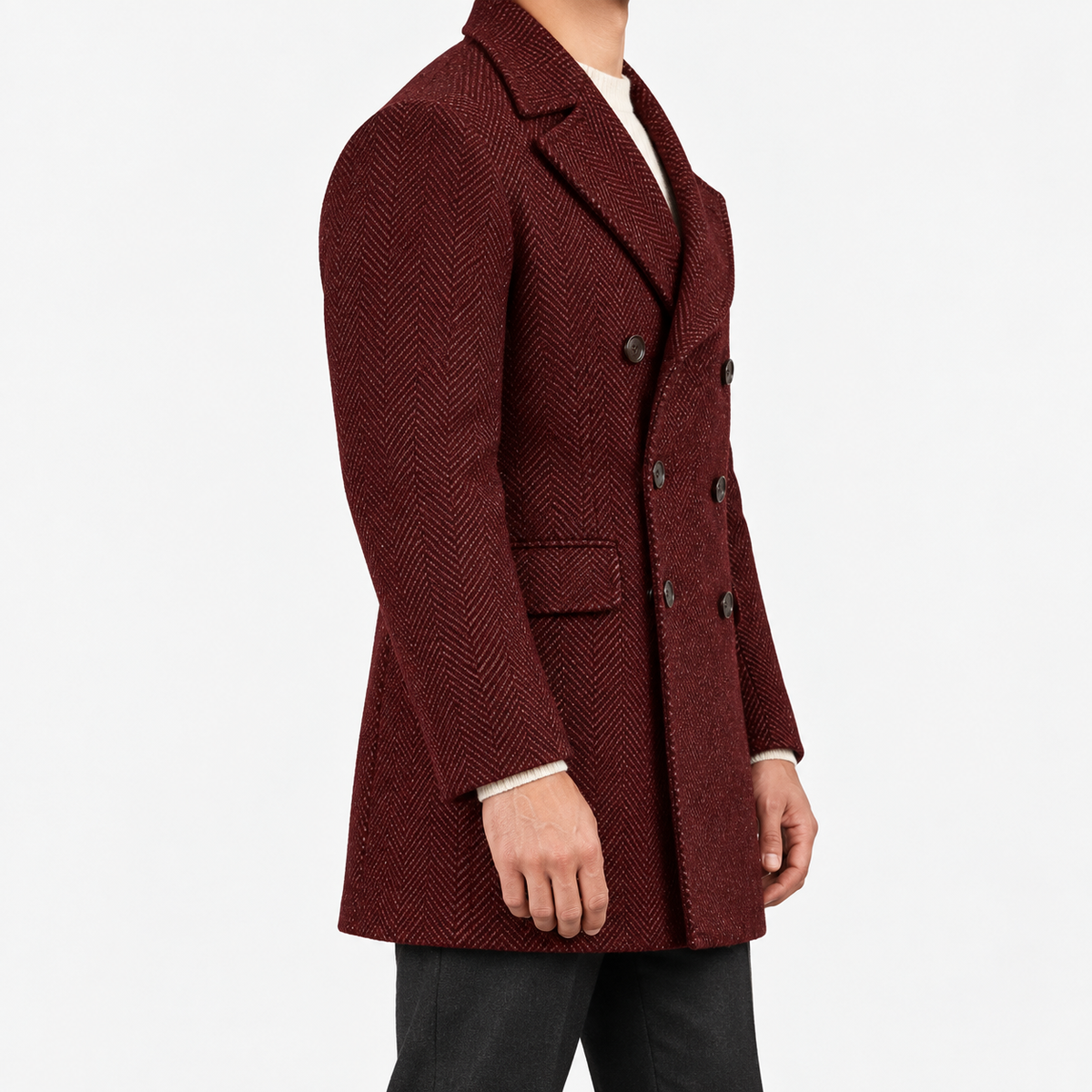 Herringbone double breasted coat with wide lapels in burgundy — male model side view