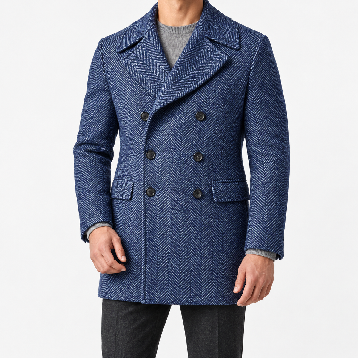 Herringbone double breasted coat with wide lapels in blue — male model front view