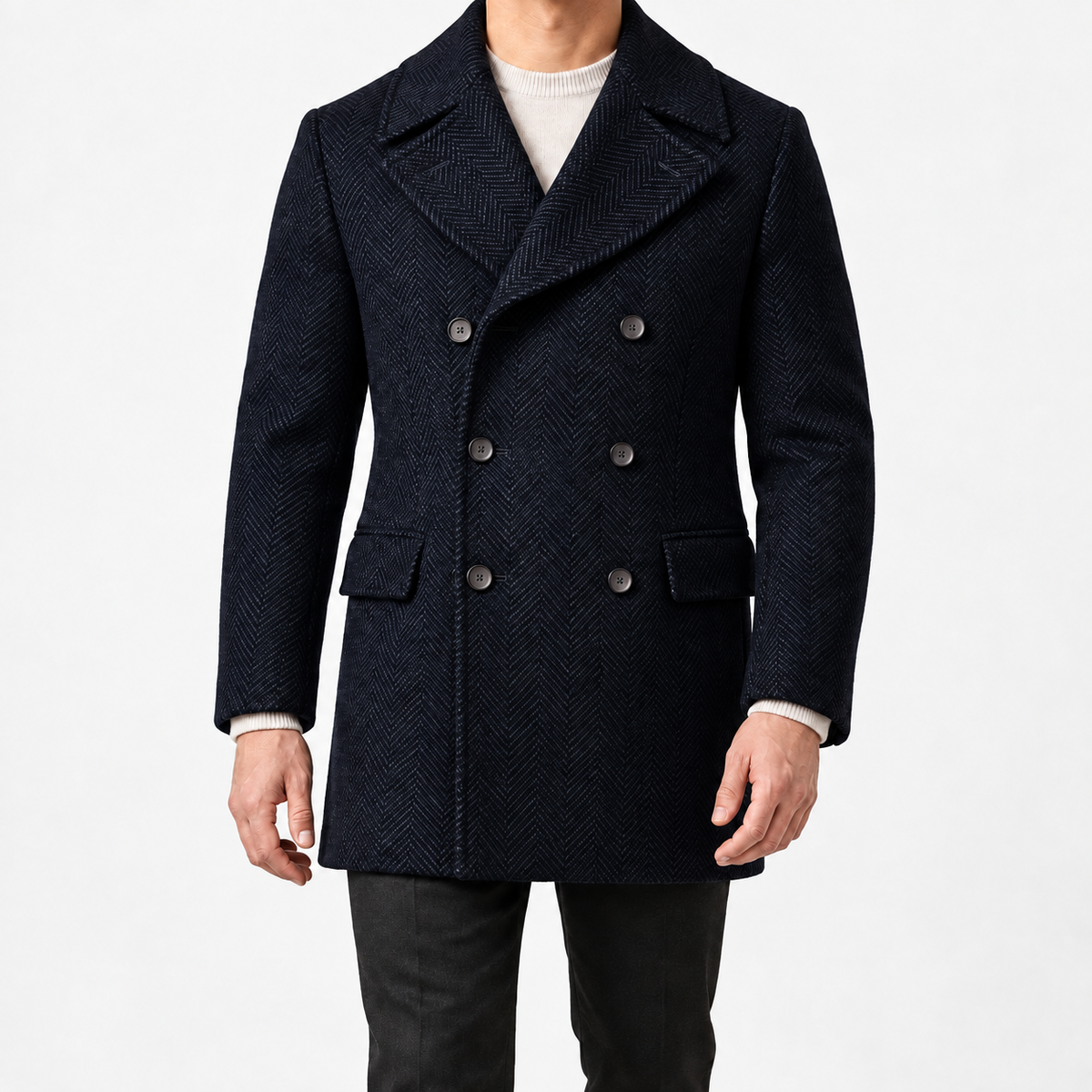 Herringbone double breasted coat with wide lapels in navy blue — male model front view