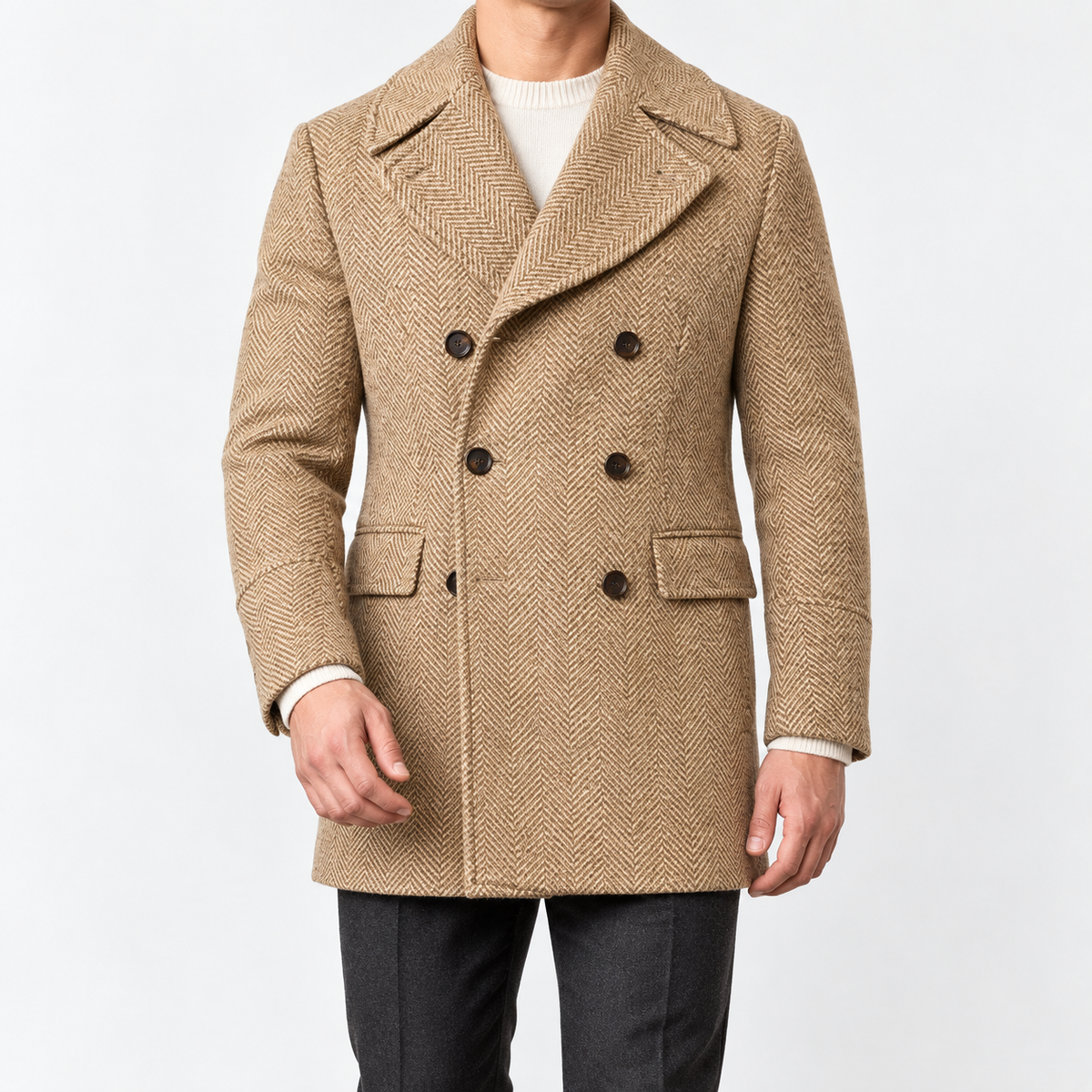 Herringbone double breasted coat with wide lapels in beige — male model front view