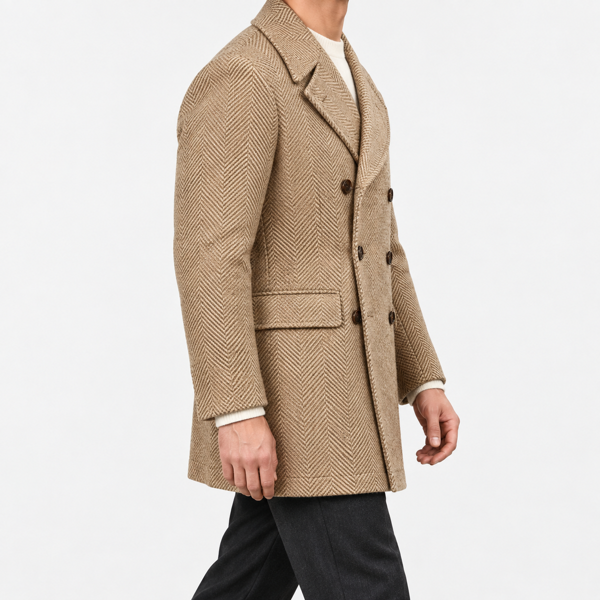 Herringbone double breasted coat with wide lapels in beige — male model side view