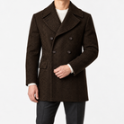 Herringbone double breasted coat with wide lapels in dark brown — male model front view