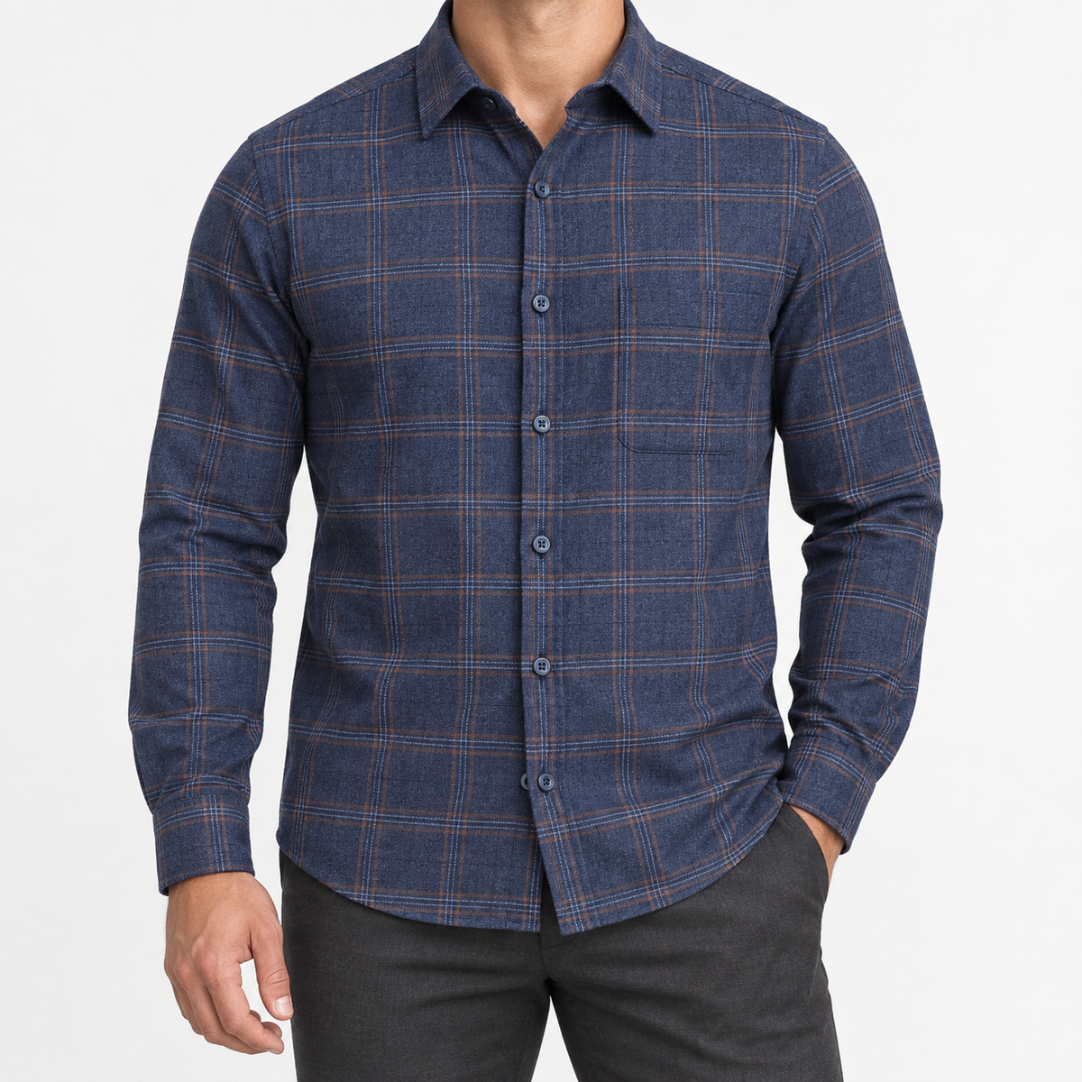 Brushed cotton flannel shirt with a chest pocket in navy windowpane on a male model front view