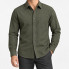 Brushed cotton flannel shirt with a chest pocket in olive on a male model front view