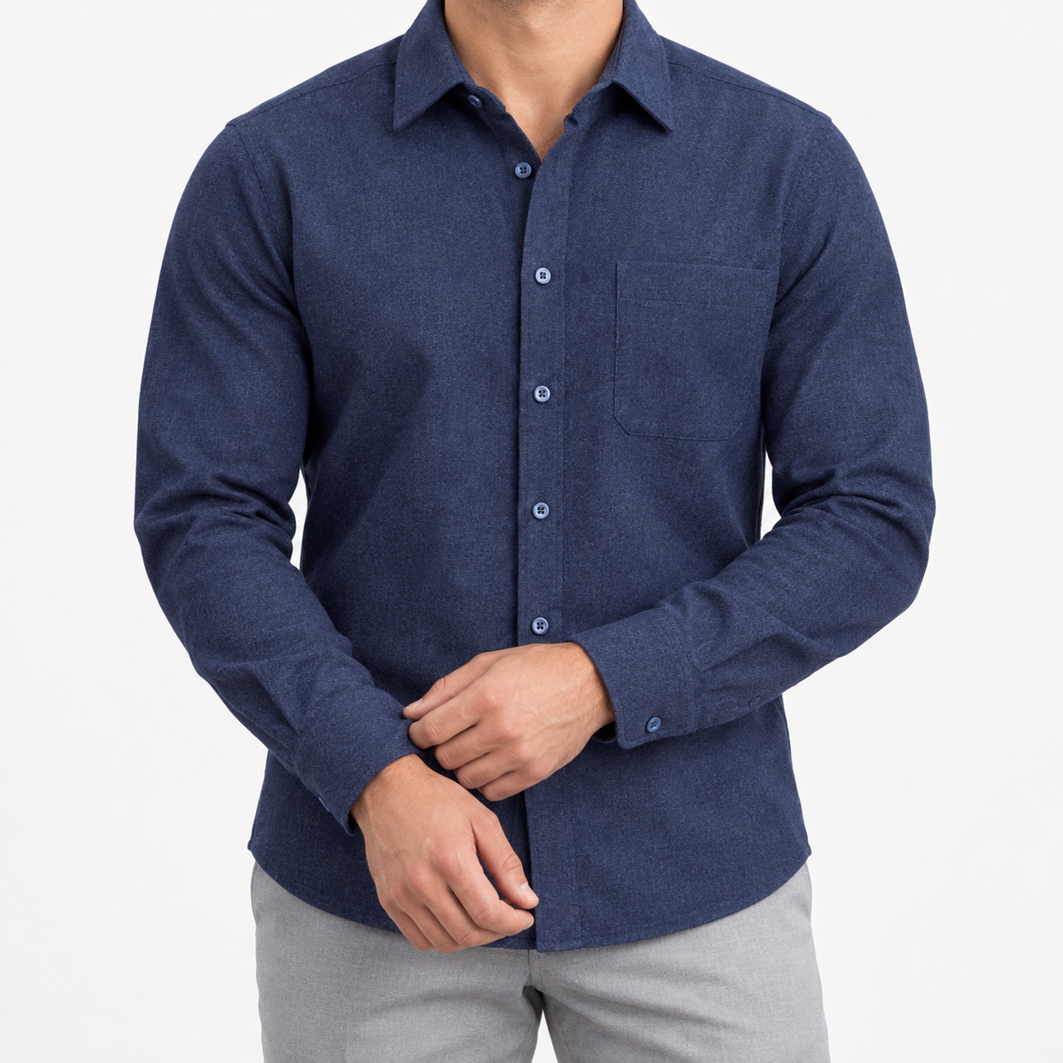 Brushed cotton flannel shirt with a chest pocket in navy on a male model front view