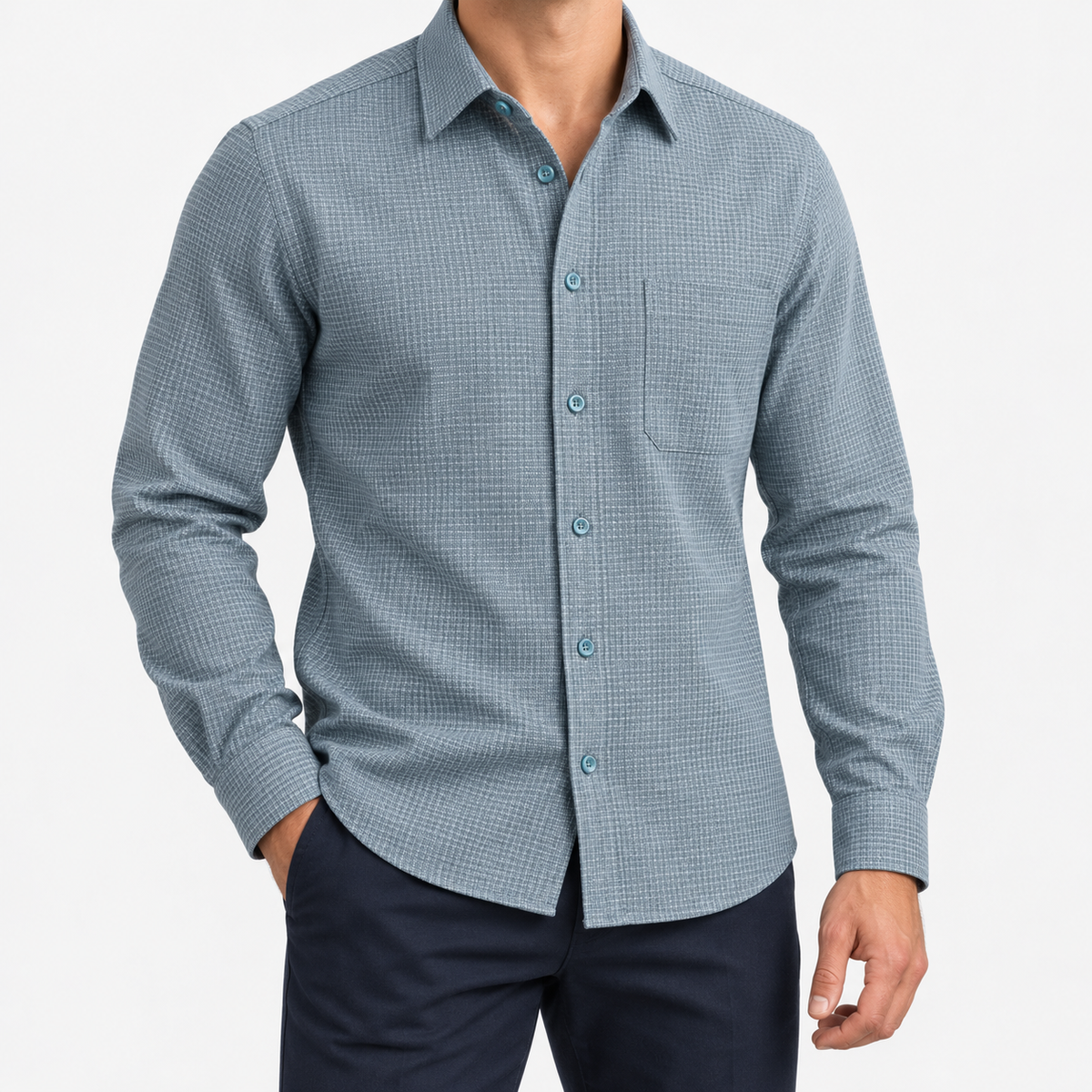 Brushed cotton flannel shirt with a chest pocket in blue gray microcheck on a male model front view