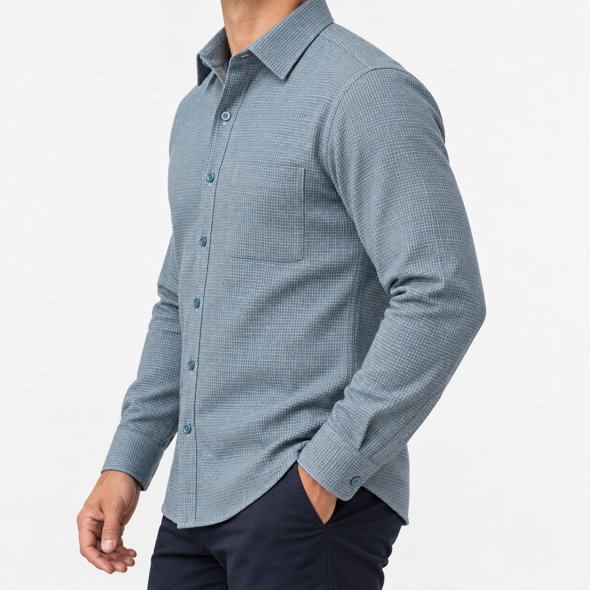 Brushed cotton flannel shirt with a chest pocket in blue gray microcheck on a male model side view