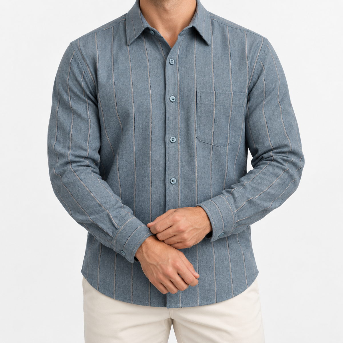 Brushed cotton flannel shirt with a chest pocket in slate stripe on a male model front view