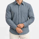 Brushed cotton flannel shirt with a chest pocket in slate stripe on a male model front view