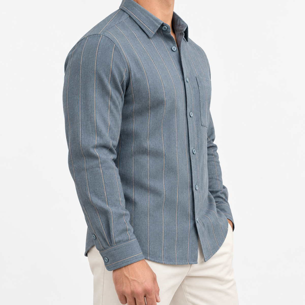 Brushed cotton flannel shirt with a chest pocket in slate stripe on a male model side view