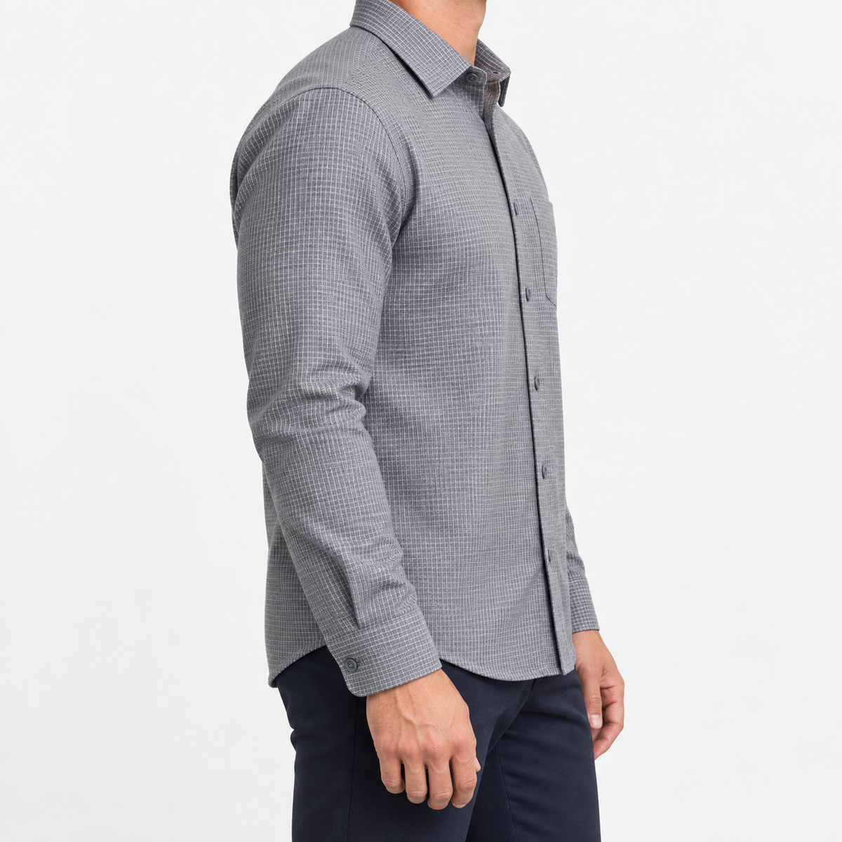 Brushed cotton flannel shirt with a chest pocket in gray microcheck on a male model side view