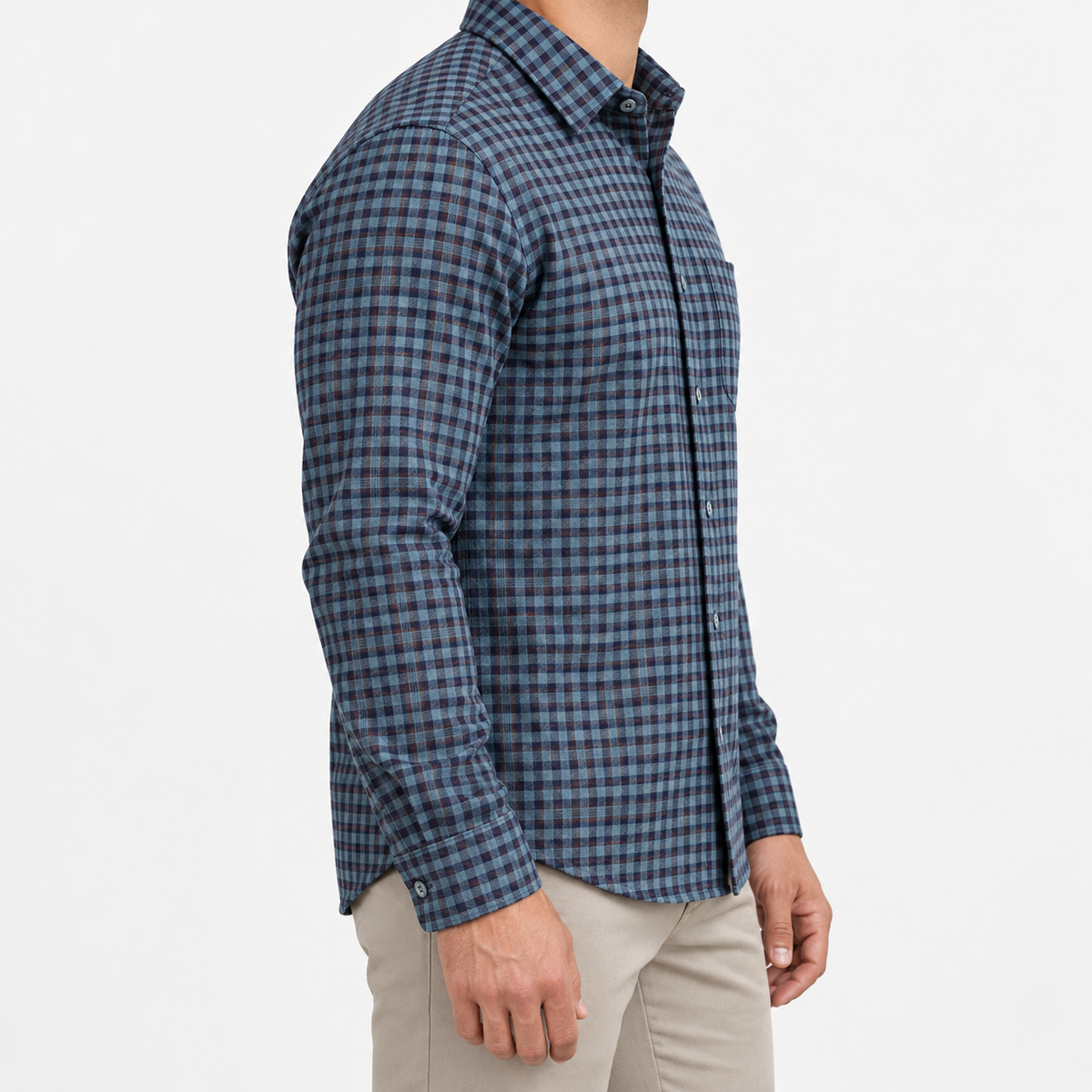 Brushed cotton flannel shirt with a chest pocket in blue gingham on a male model side view