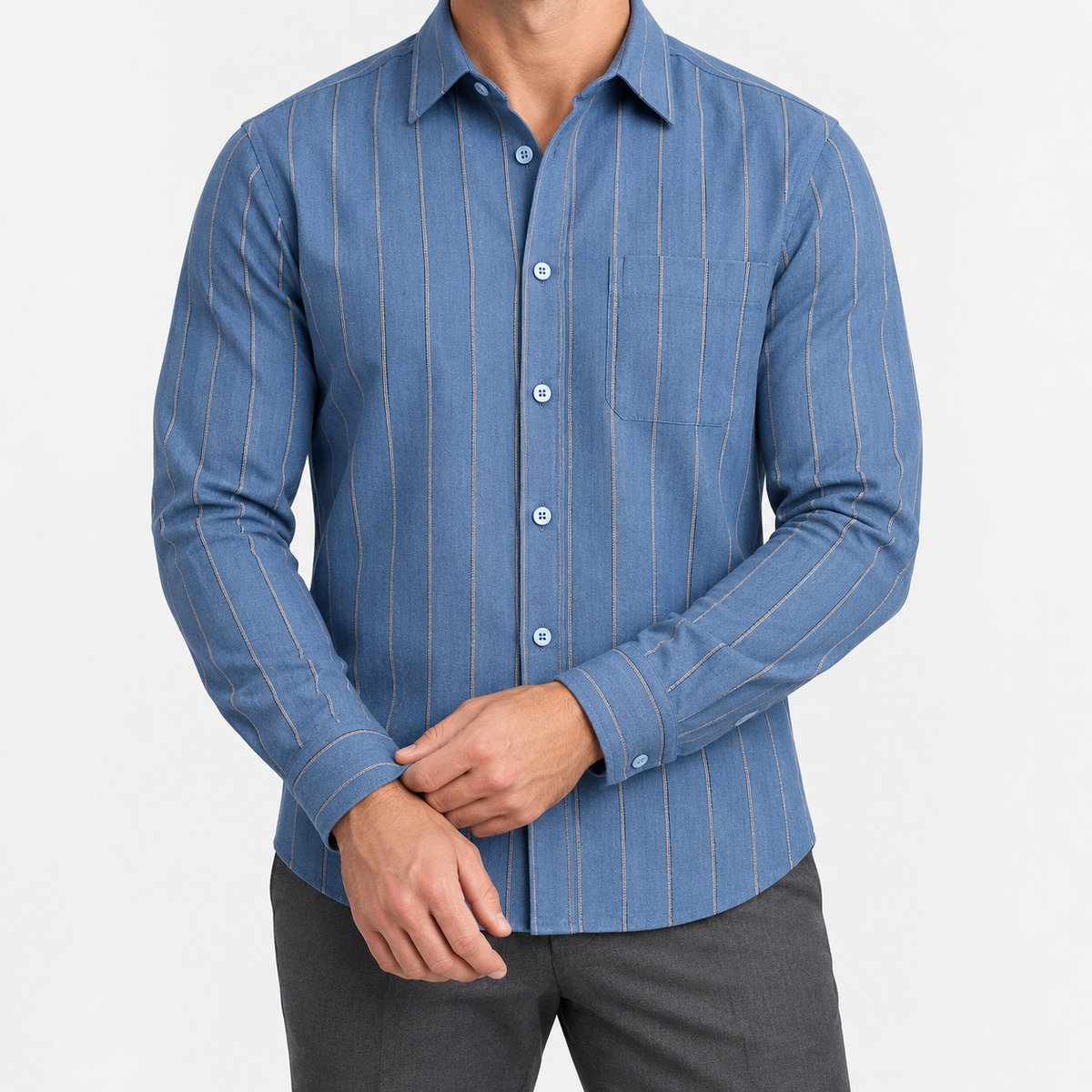 Brushed cotton flannel shirt with a chest pocket in blue stripe on a male model front view