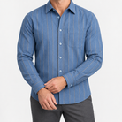 Brushed cotton flannel shirt with a chest pocket in blue stripe on a male model front view