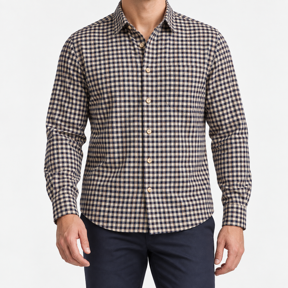 Brushed cotton flannel shirt with a chest pocket in cream gingham on a male model front view