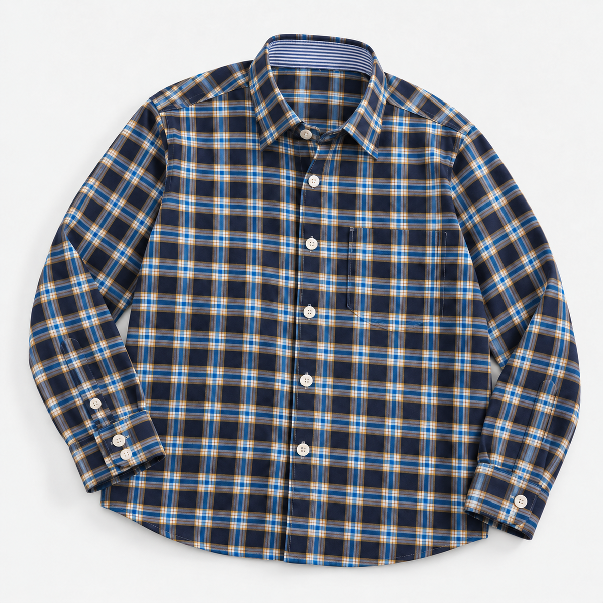 Pure cotton oxford shirt with a chest pocket in navy and gold check product view