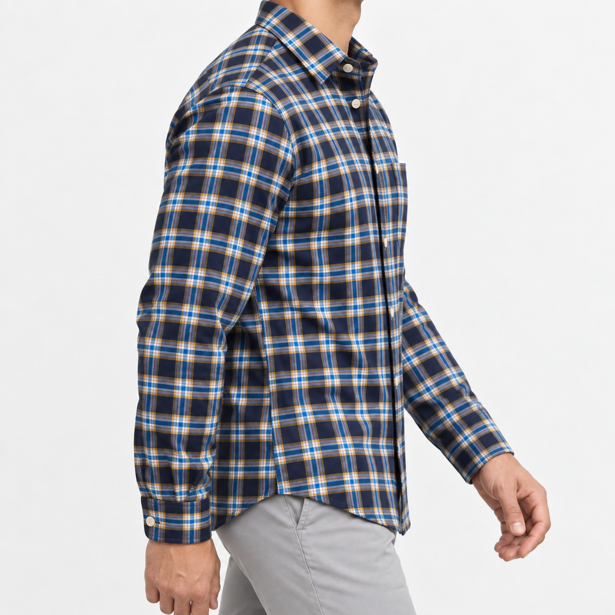 Pure cotton oxford shirt with a chest pocket in navy and gold check on a male model side view