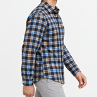 Pure cotton oxford shirt with a chest pocket in navy and gold check on a male model side view