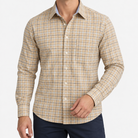 Pure cotton oxford shirt with a chest pocket in beige check on a male model front view