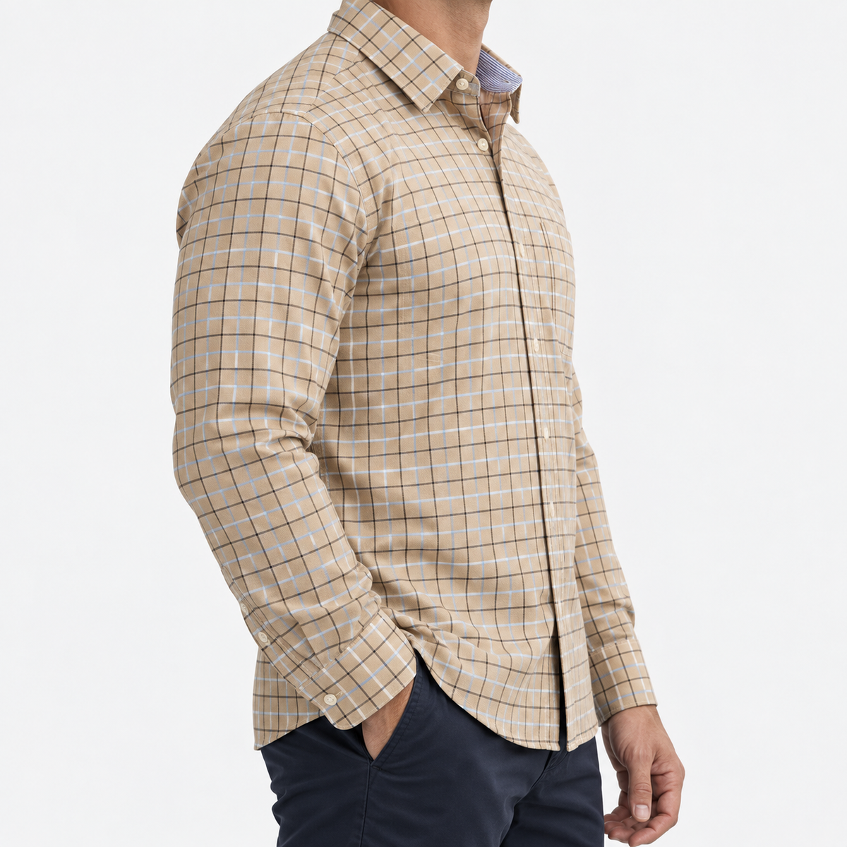 Pure cotton oxford shirt with a chest pocket in beige check on a male model side view