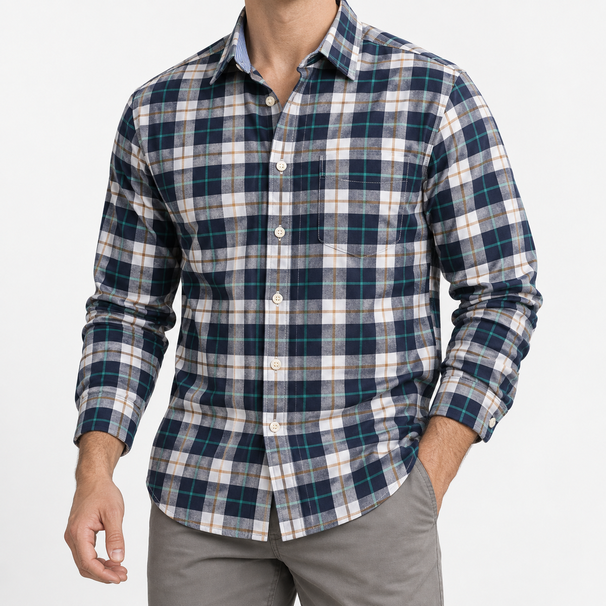 Pure cotton oxford shirt with a chest pocket in navy and green plaid on a male model front view