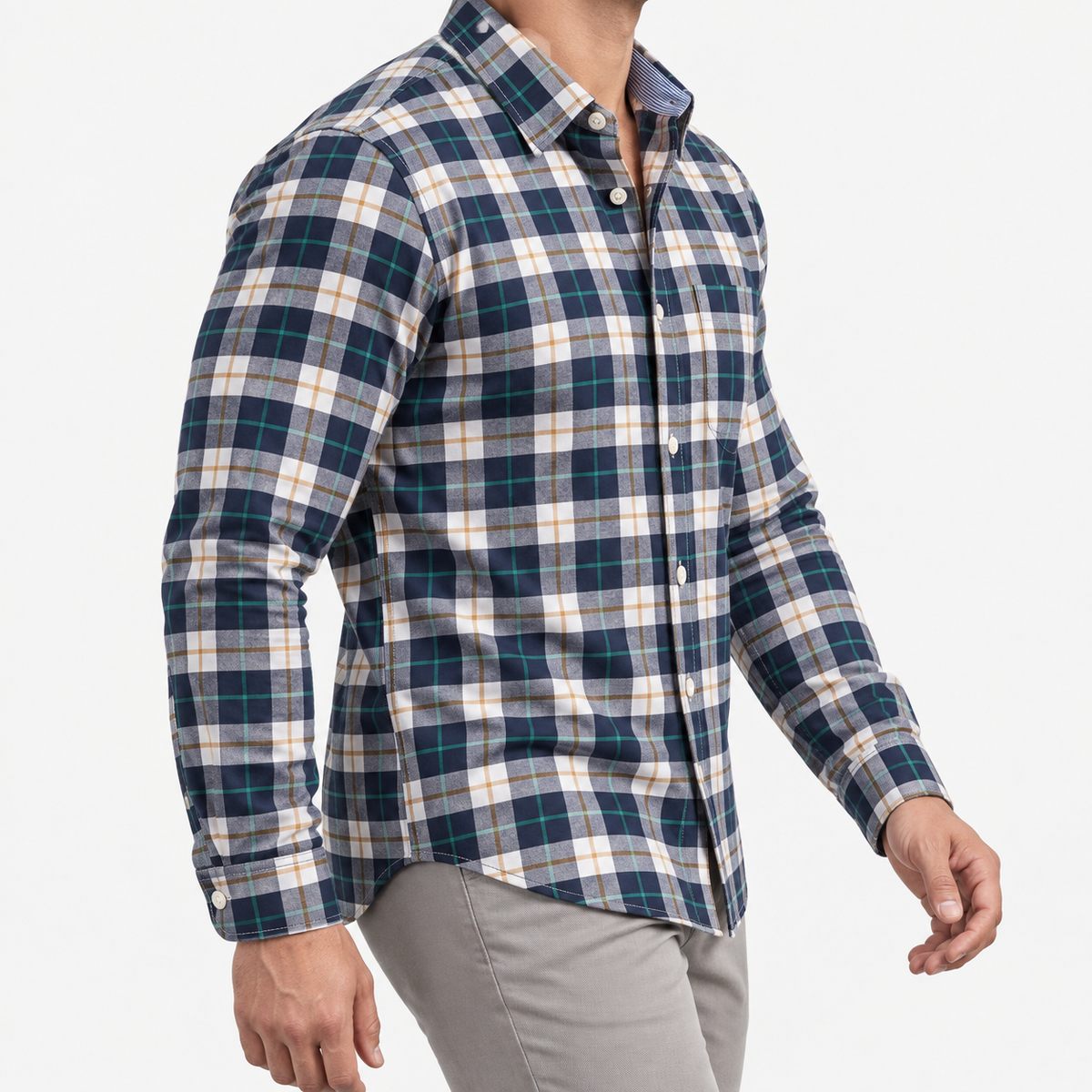 Pure cotton oxford shirt with a chest pocket in navy and green plaid on a male model side view