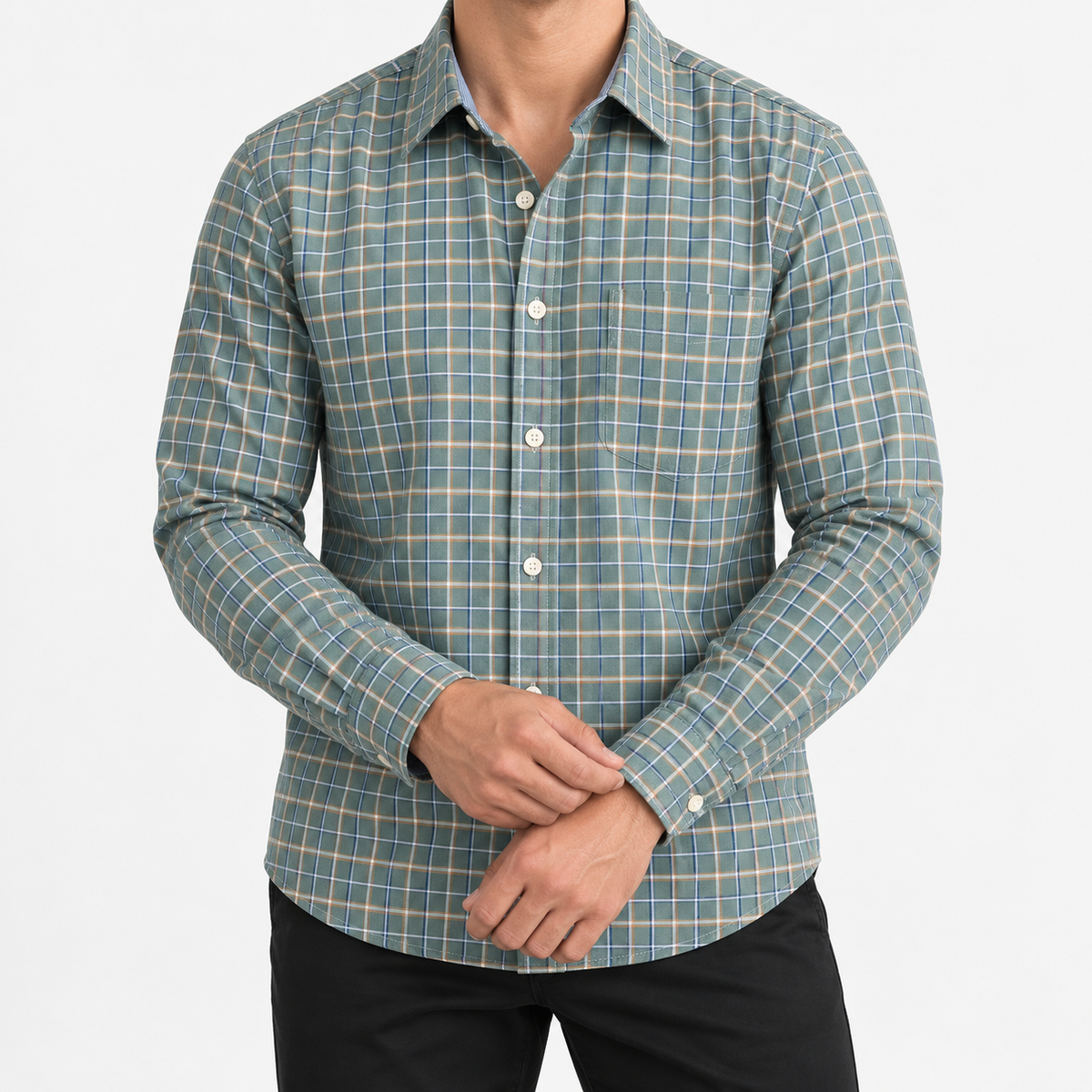 Pure cotton oxford shirt with a chest pocket in sage green check on a male model front view