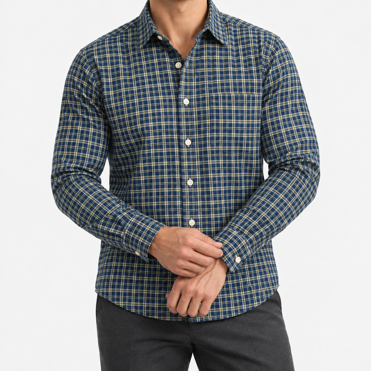 Pure cotton oxford shirt with a chest pocket in navy fine check on a male model front view