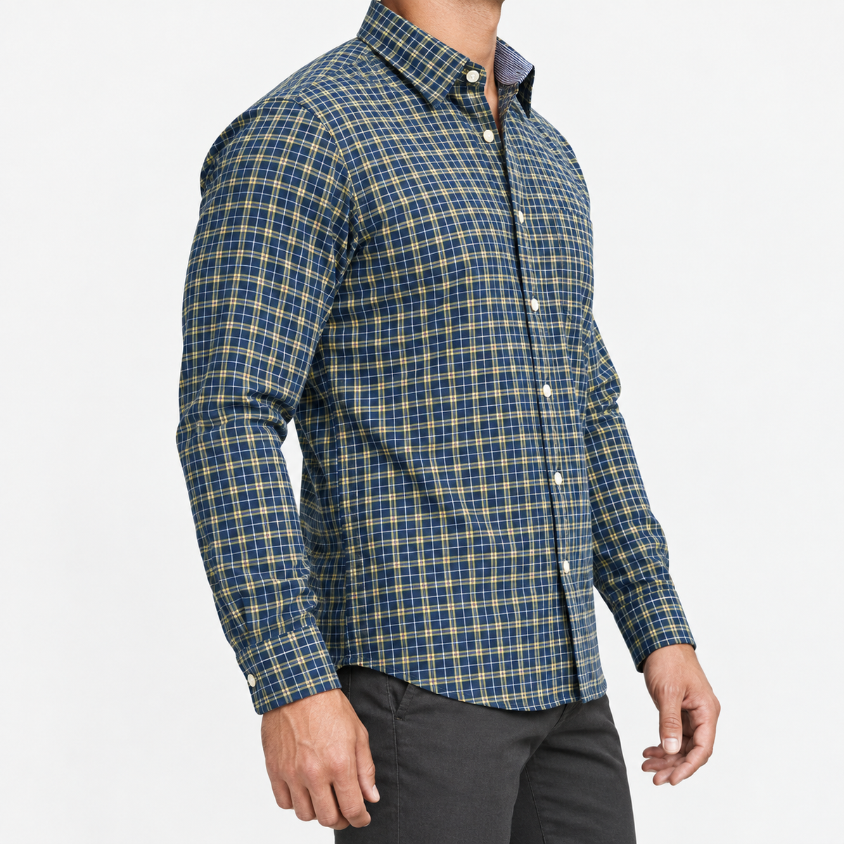 Pure cotton oxford shirt with a chest pocket in navy fine check on a male model side view