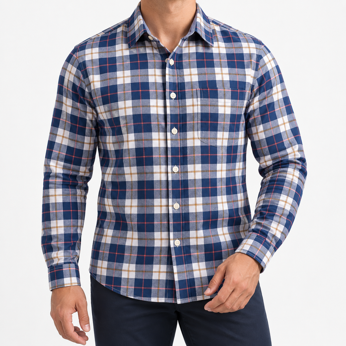 Pure cotton oxford shirt with a chest pocket in navy and red plaid on a male model front view