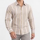 Pure cotton oxford shirt with a chest pocket in beige wide stripe on a male model front view