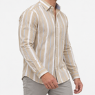 Pure cotton oxford shirt with a chest pocket in beige wide stripe on a male model side view