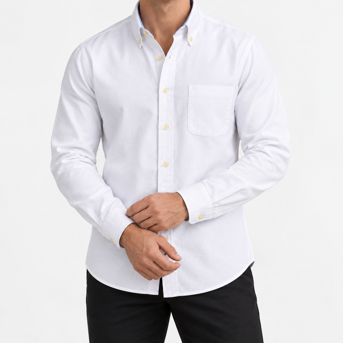 Pure cotton oxford shirt with a chest pocket in white on a male model front view
