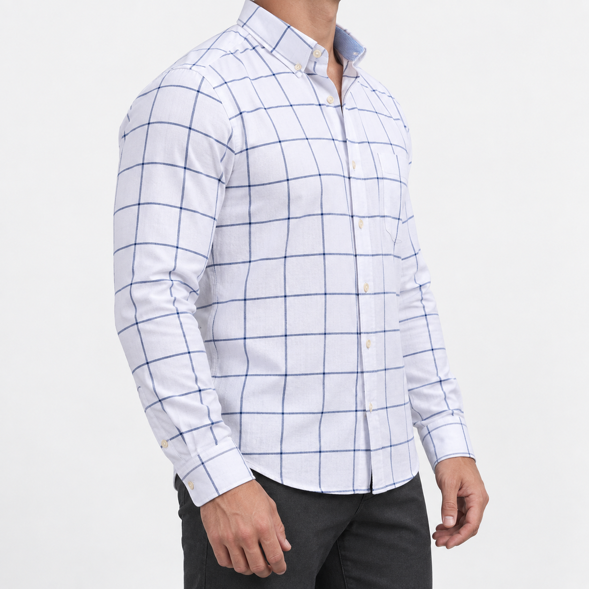 Pure cotton oxford shirt with a chest pocket in white windowpane on a male model side view