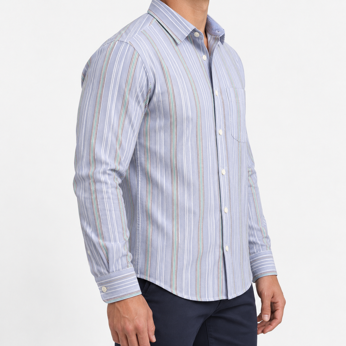 Pure cotton oxford shirt with a chest pocket in light gray multistripe on a male model side view