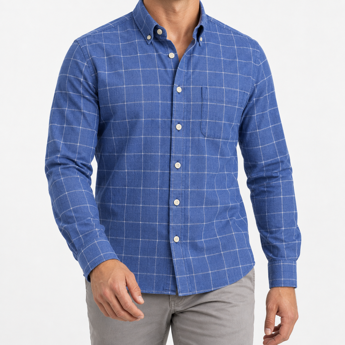 Pure cotton oxford shirt with a chest pocket in blue windowpane on a male model front view