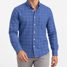 Pure cotton oxford shirt with a chest pocket in blue windowpane on a male model front view