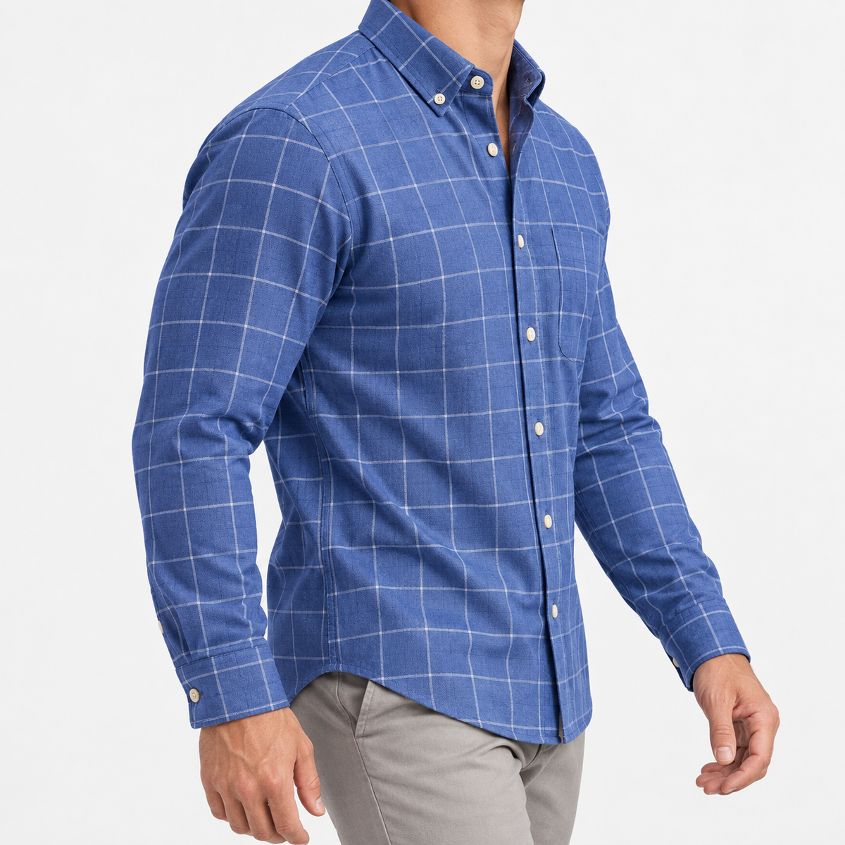Pure cotton oxford shirt with a chest pocket in blue windowpane on a male model side view