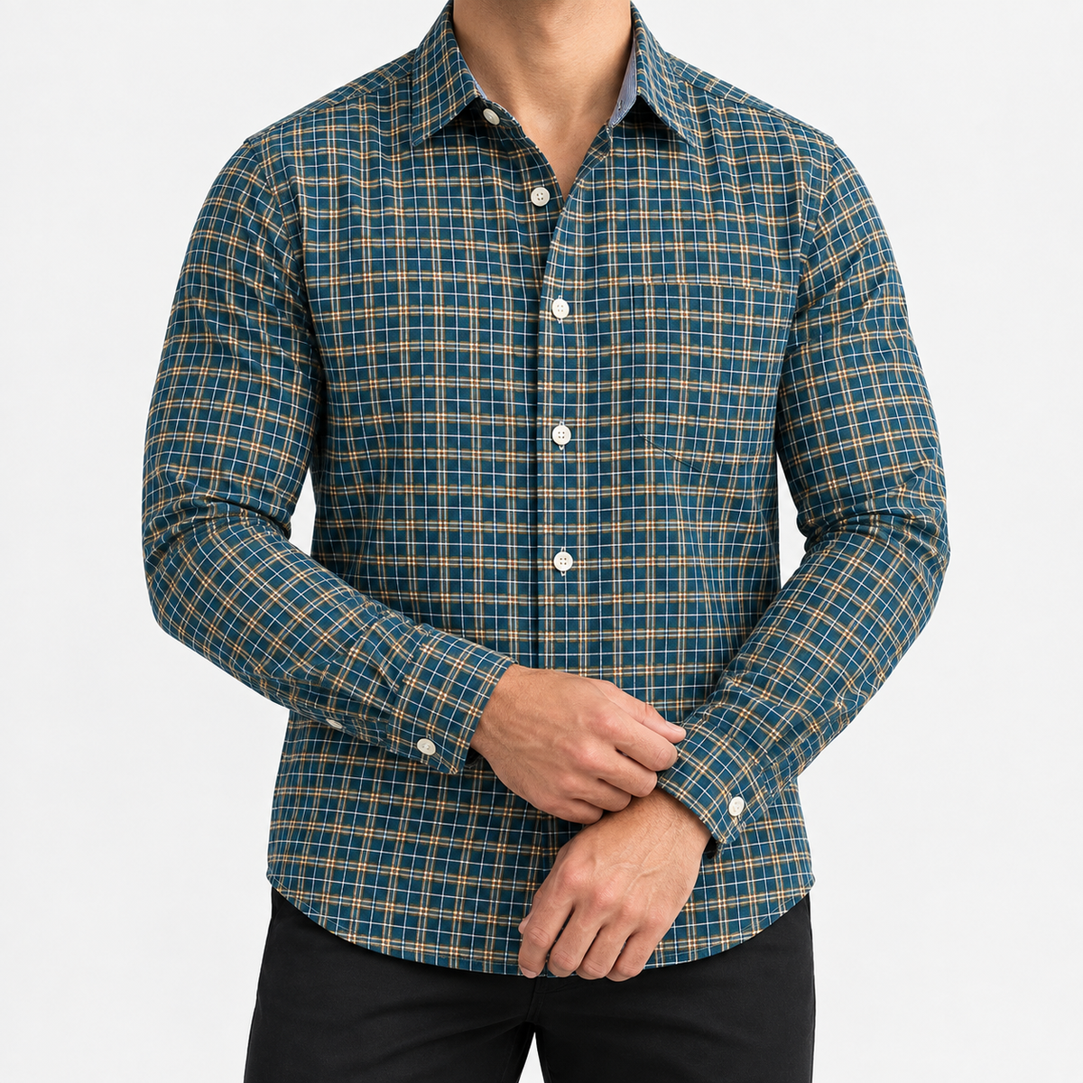 Pure cotton oxford shirt with a chest pocket in dark green check on a male model front view