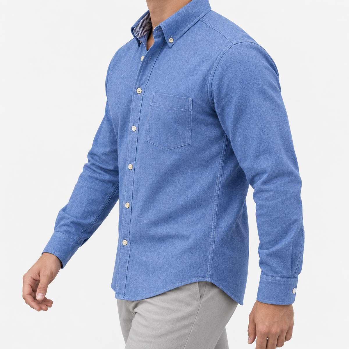 Pure cotton oxford shirt with a chest pocket in blue on a male model side view