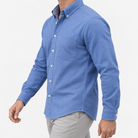 Pure cotton oxford shirt with a chest pocket in blue on a male model side view