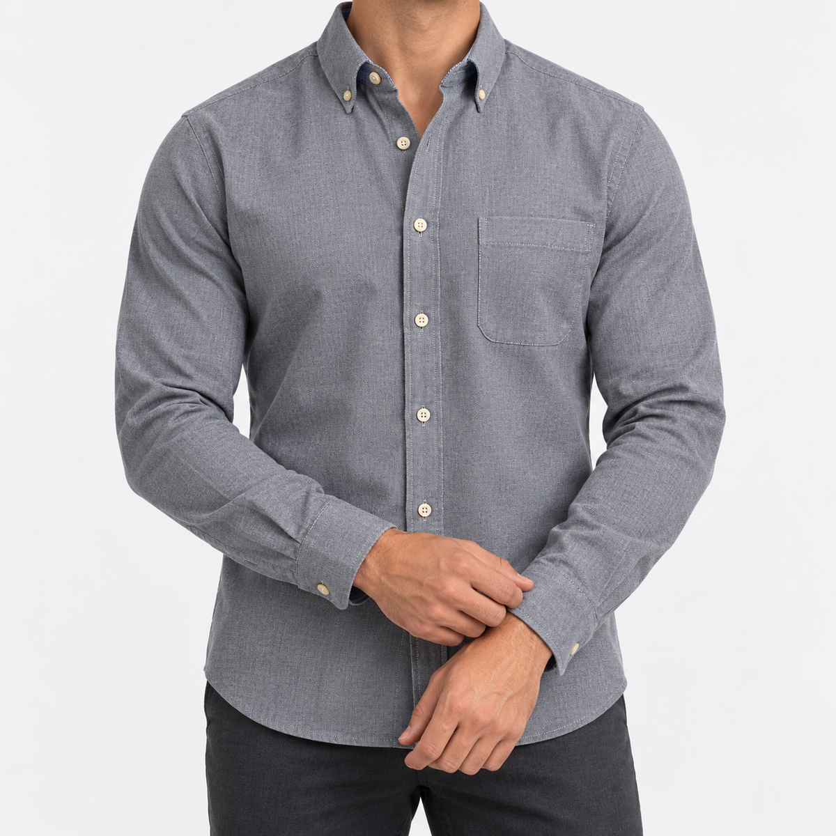 Pure cotton oxford shirt with a chest pocket in gray on a male model front view