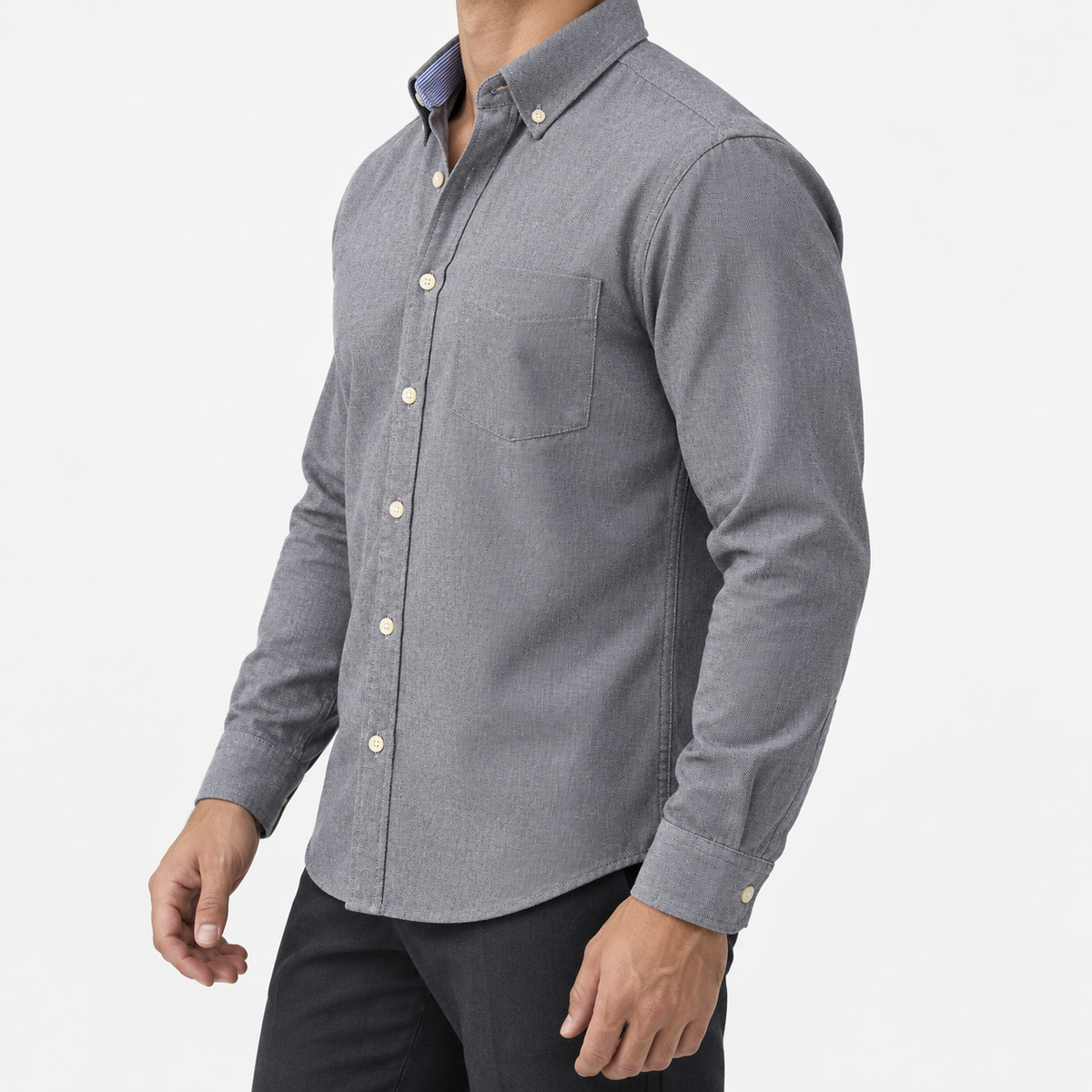 Pure cotton oxford shirt with a chest pocket in gray on a male model side view