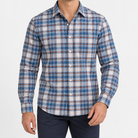 Pure cotton oxford shirt with a chest pocket in blue and brown plaid on a male model front view