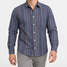 Pure cotton oxford shirt with a chest pocket in slate blue stripe on a male model front view