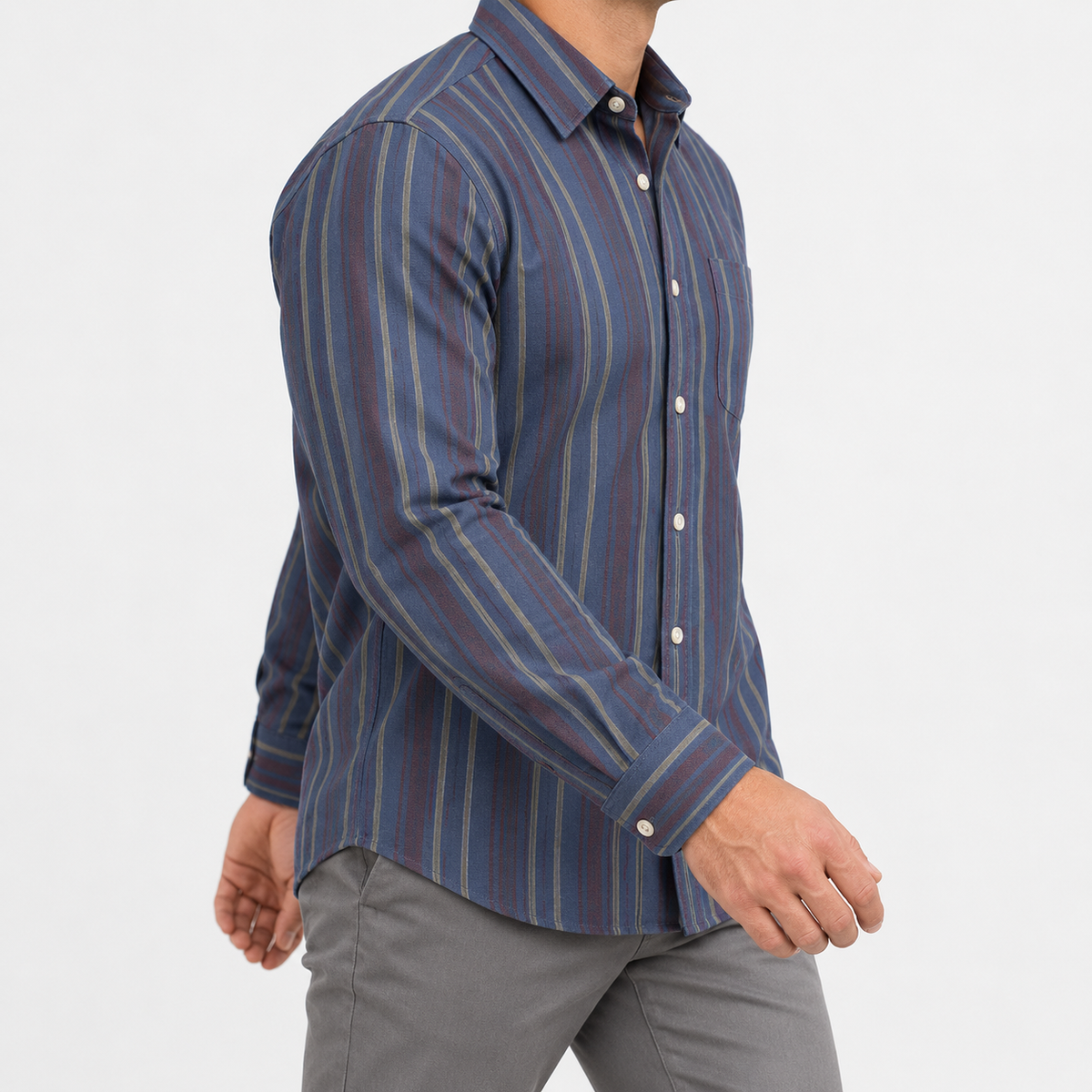 Pure cotton oxford shirt with a chest pocket in slate blue stripe on a male model side view