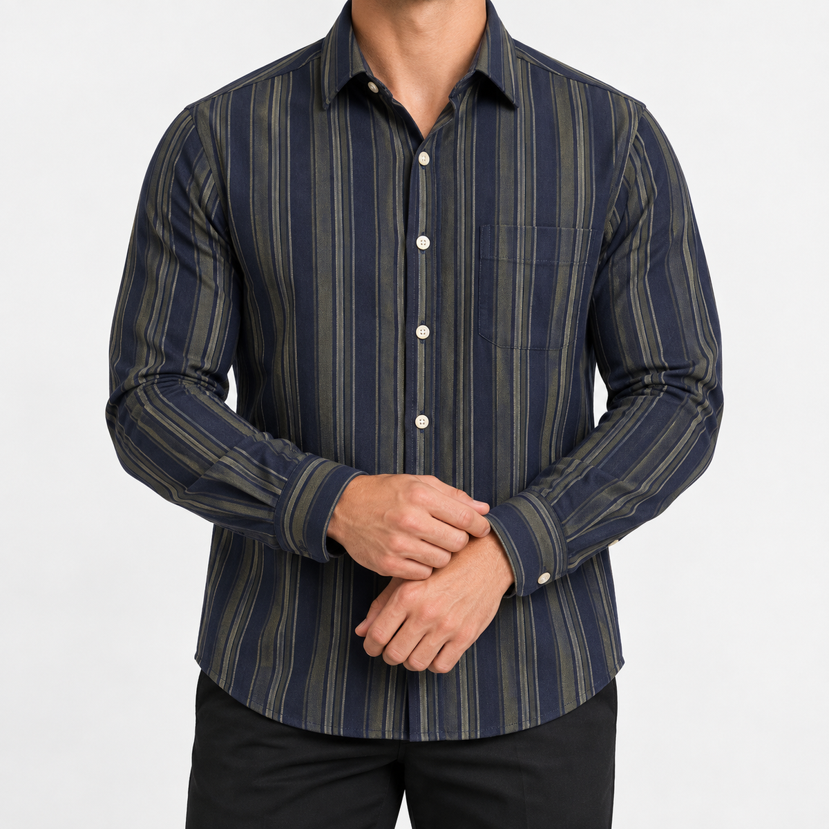 Pure cotton oxford shirt with a chest pocket in navy and olive stripe on a male model front view