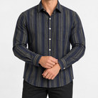 Pure cotton oxford shirt with a chest pocket in navy and olive stripe on a male model front view